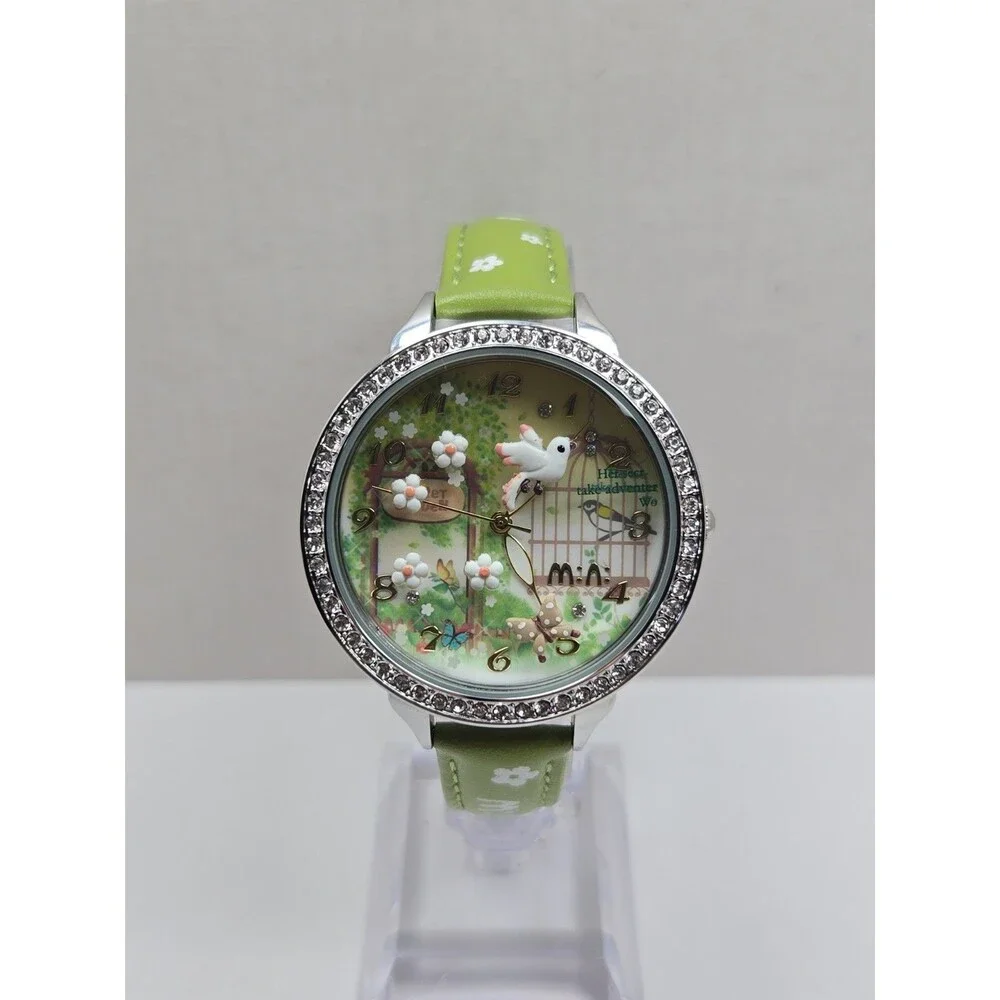 Mini Watch Womens 3D Garden Bird Flower Crystal Bezel Leather Quartz New Battery